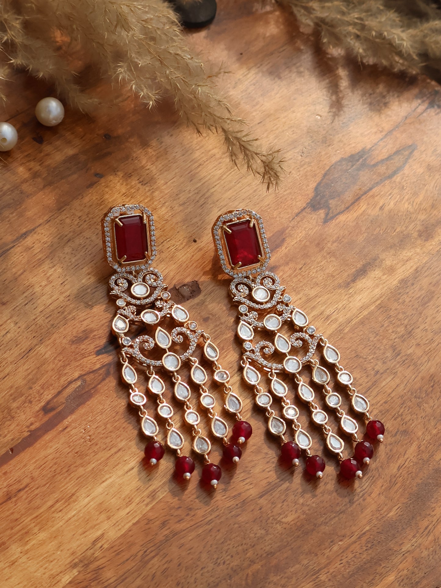 Saaz Polki Red Earrings