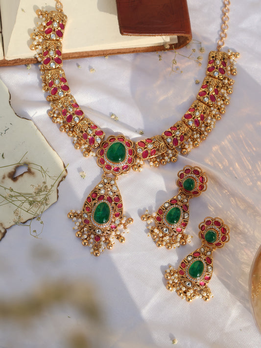 Emira Red & Green Kundan Necklace Set