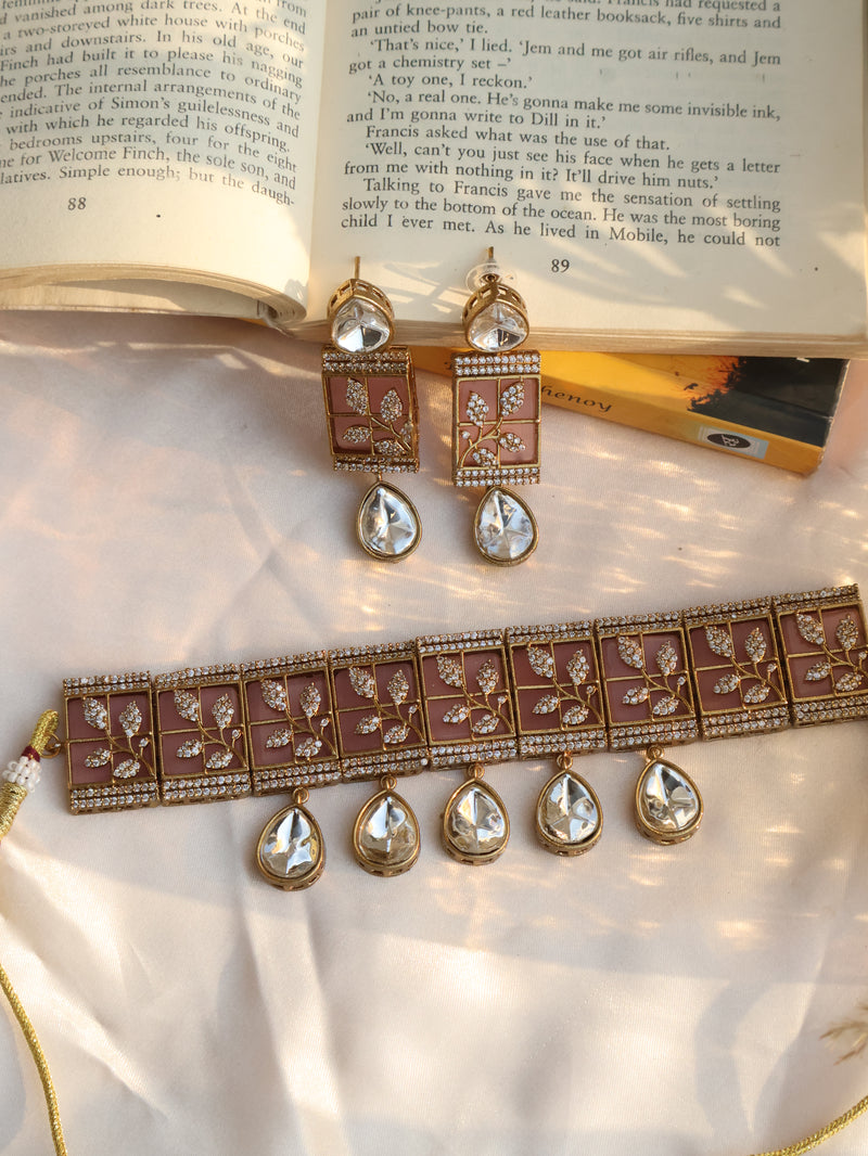 Zeenat Pink Polki Choker Necklace Set