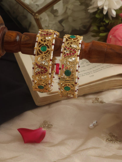 Ash Red-Green Kundan Bangles - Pair of 2