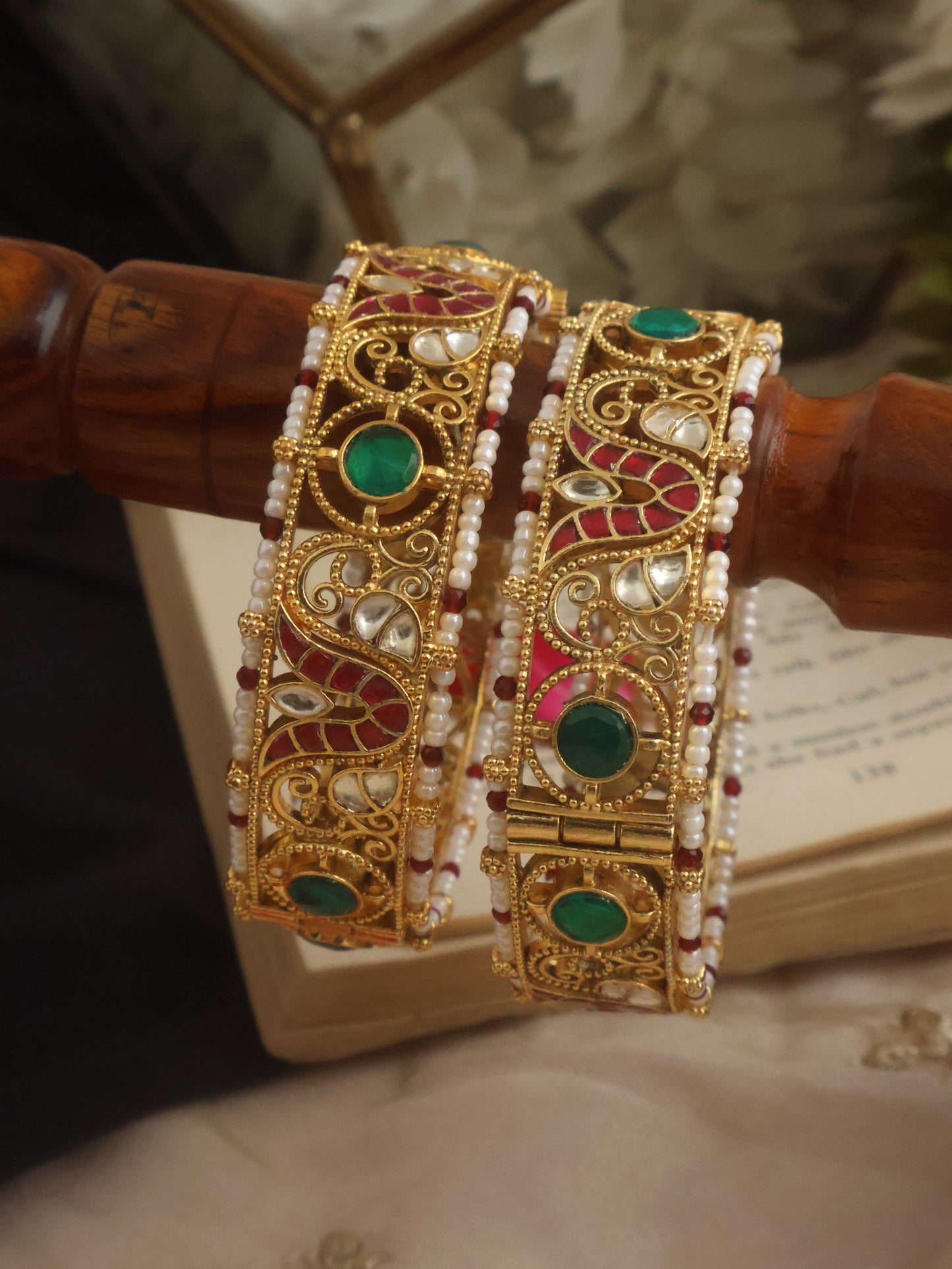Ash Red-Green Kundan Bangles - Pair of 2
