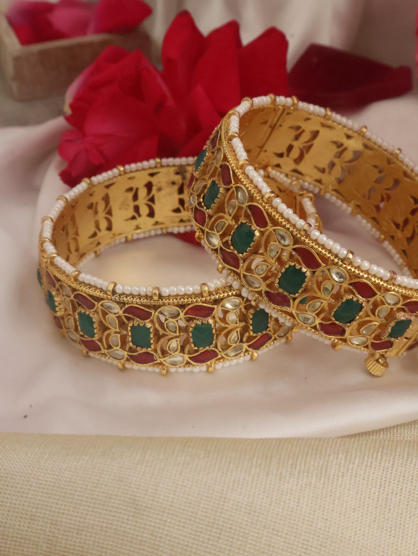 Rani Red-Green Kundan Bangles - Pair of 2