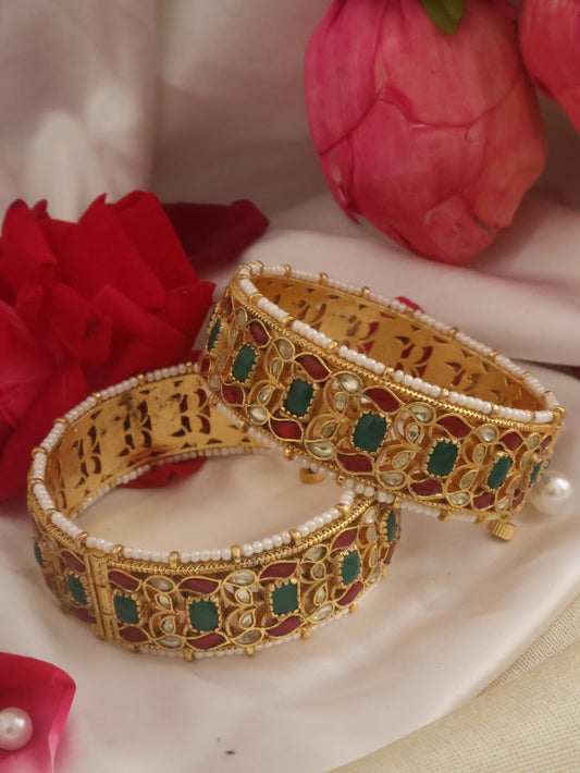 Rani Red-Green Kundan Bangles - Pair of 2