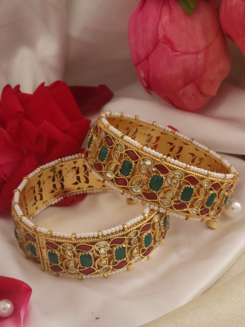 Rani Red-Green Kundan Bangles - Pair of 2