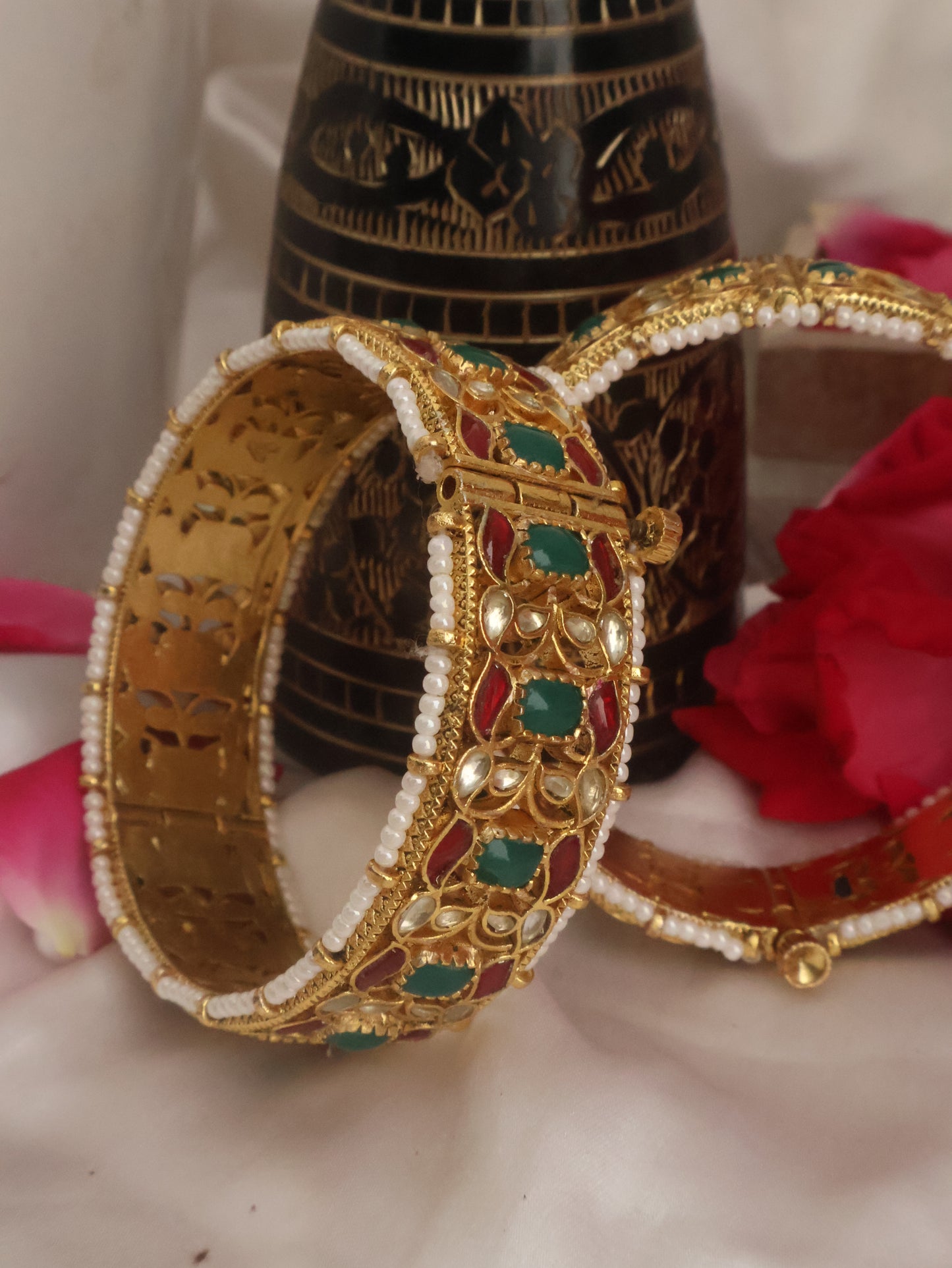 Rani Red-Green Kundan Bangles - Pair of 2