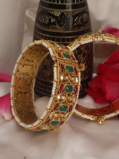 Rani Red-Green Kundan Bangles - Pair of 2