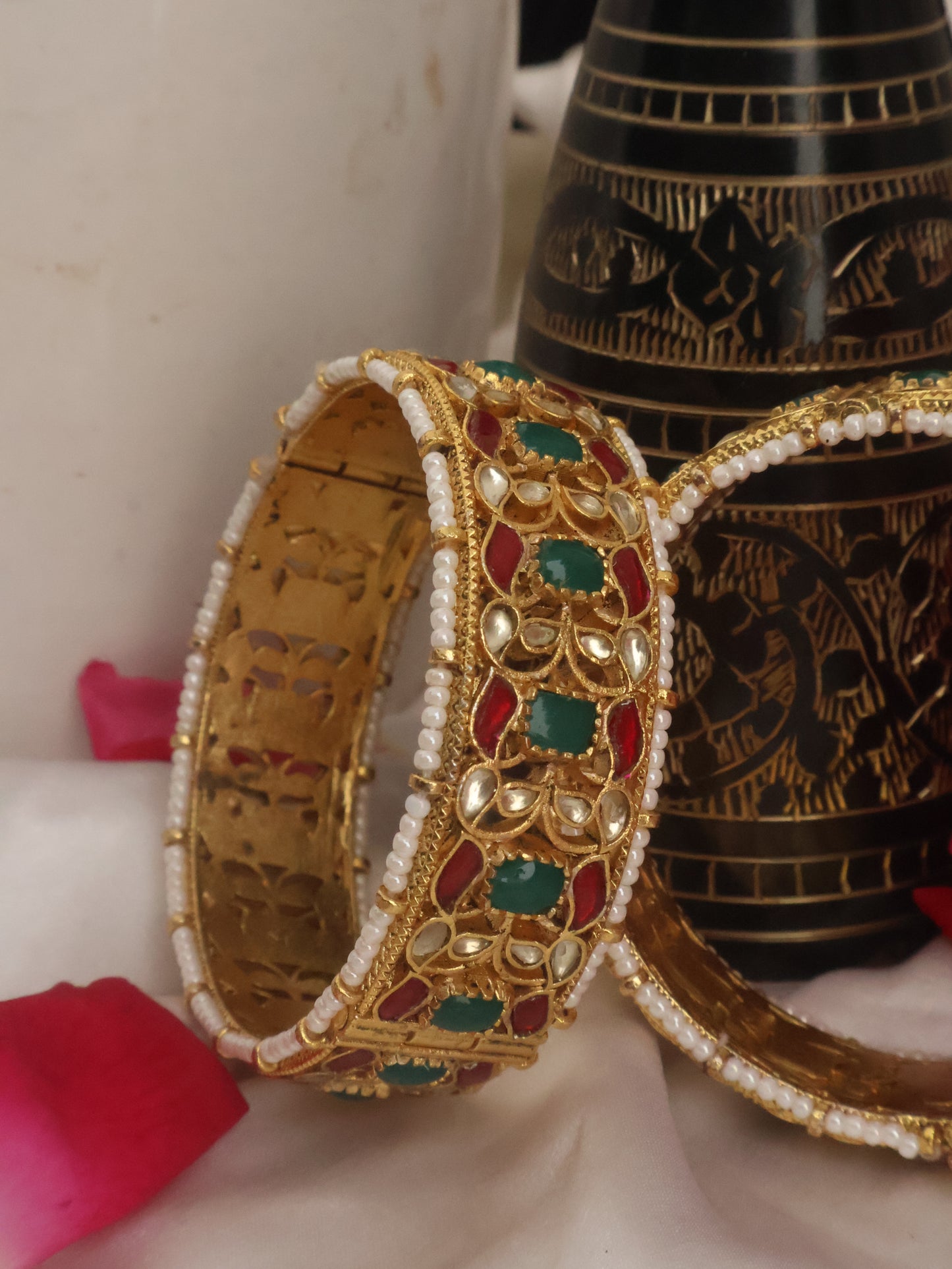 Rani Red-Green Kundan Bangles - Pair of 2