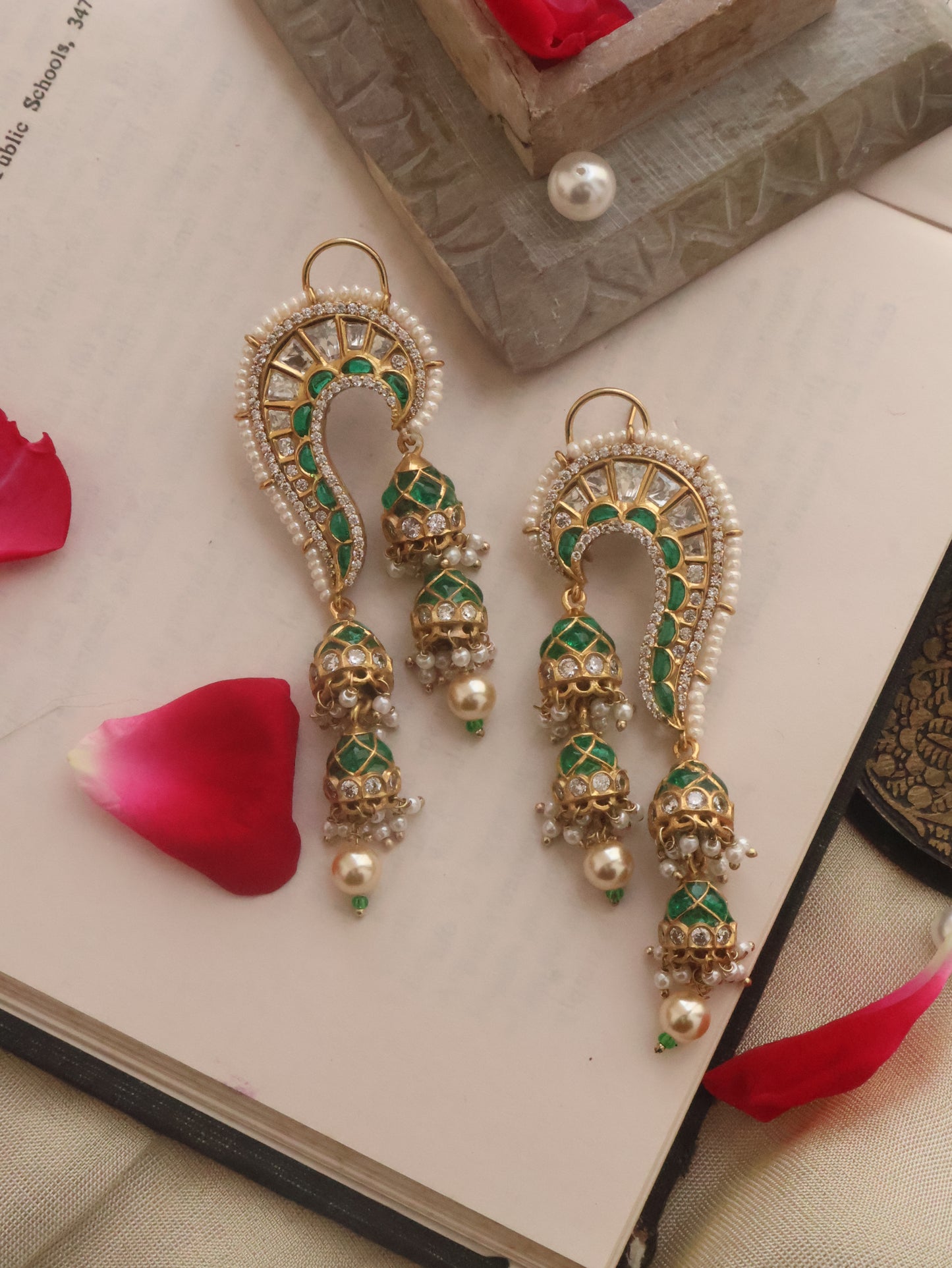 Ilham Green Kundan Earrings with Jhumkis