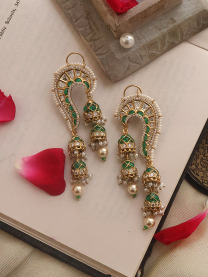 Ilham Green Kundan Earrings with Jhumkis