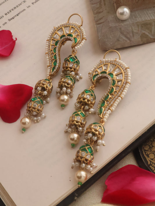 Ilham Green Kundan Earrings with Jhumkis