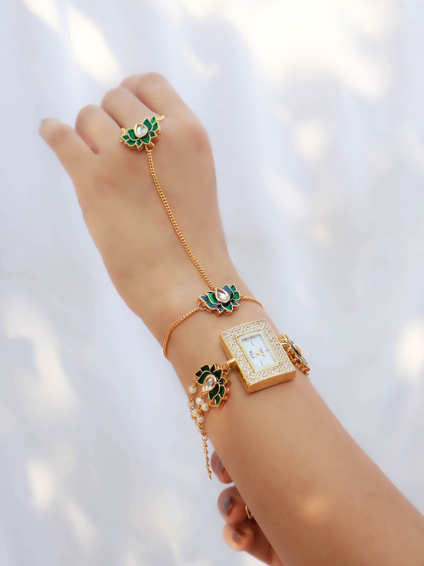 Mayflower Hathphool and Wrist Watch Kundan Set