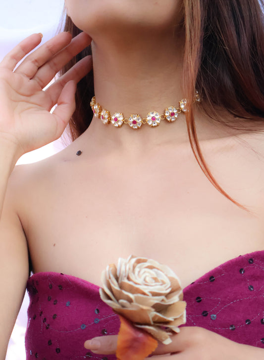 Purva Pink Floral Choker Necklace