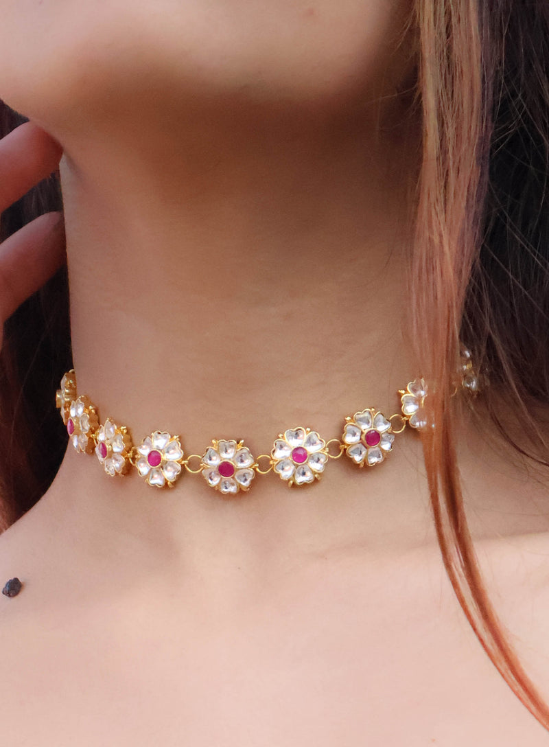 Purva Pink Floral Choker Necklace
