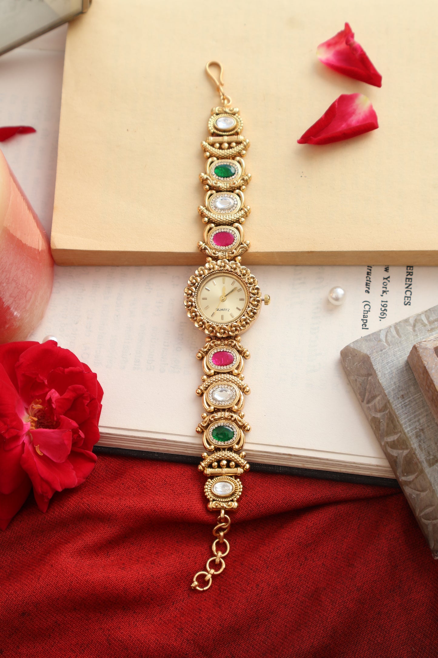 Anaya Red-Green Kundan Wrist Watch