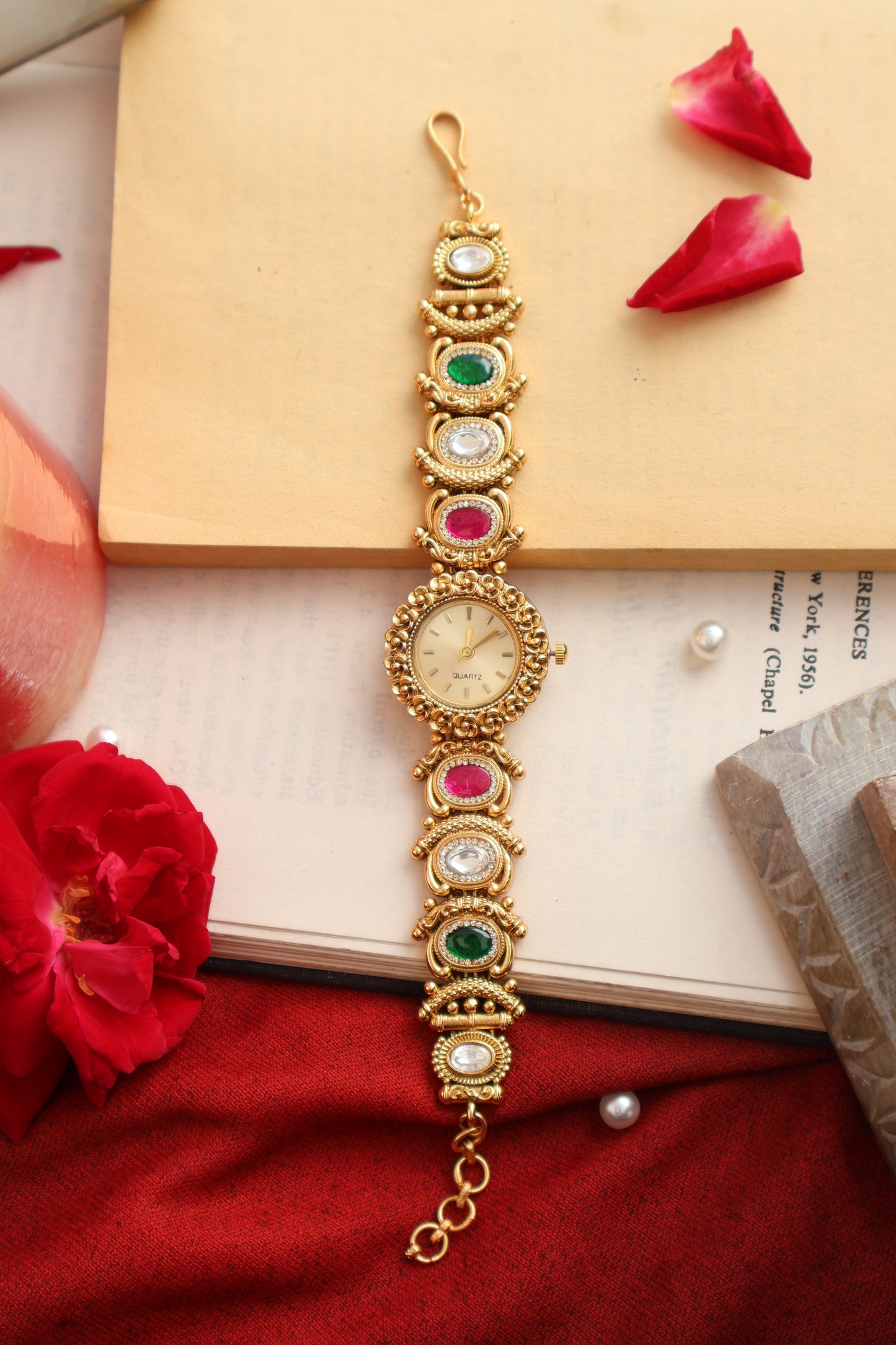 Anaya Red-Green Kundan Wrist Watch