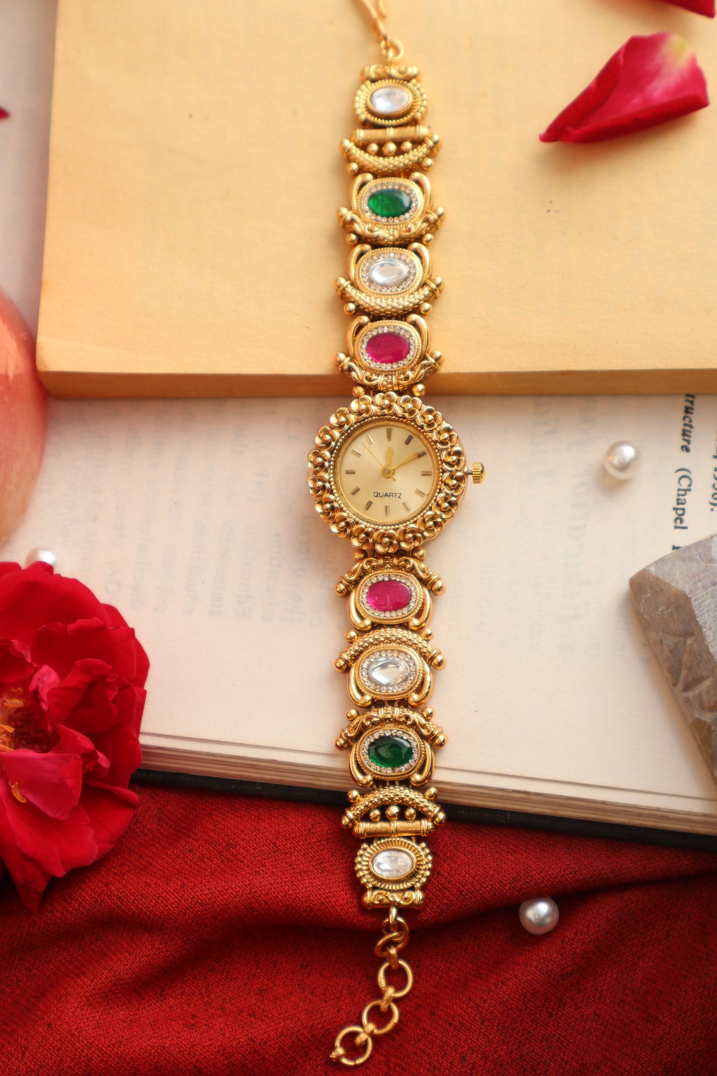 Anaya Red-Green Kundan Wrist Watch