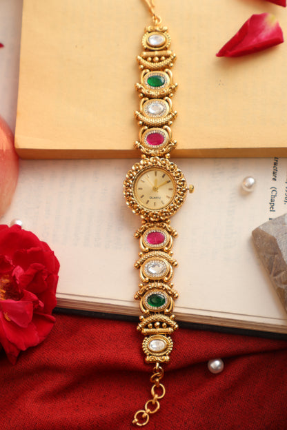 Anaya Red-Green Kundan Wrist Watch