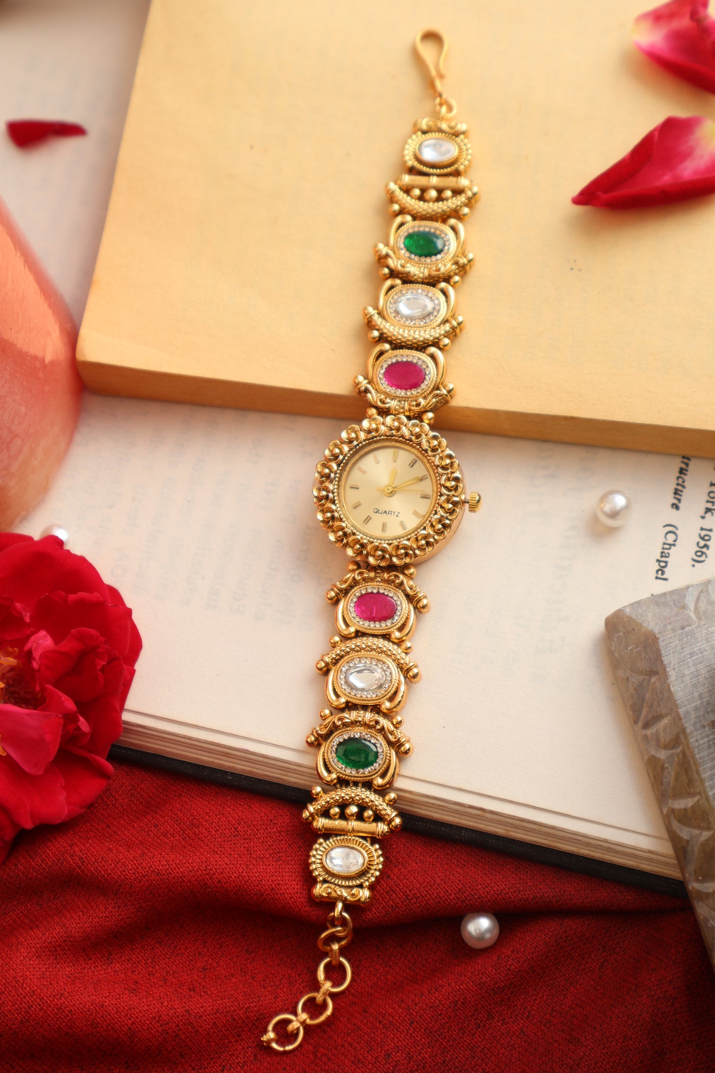 Anaya Red-Green Kundan Wrist Watch