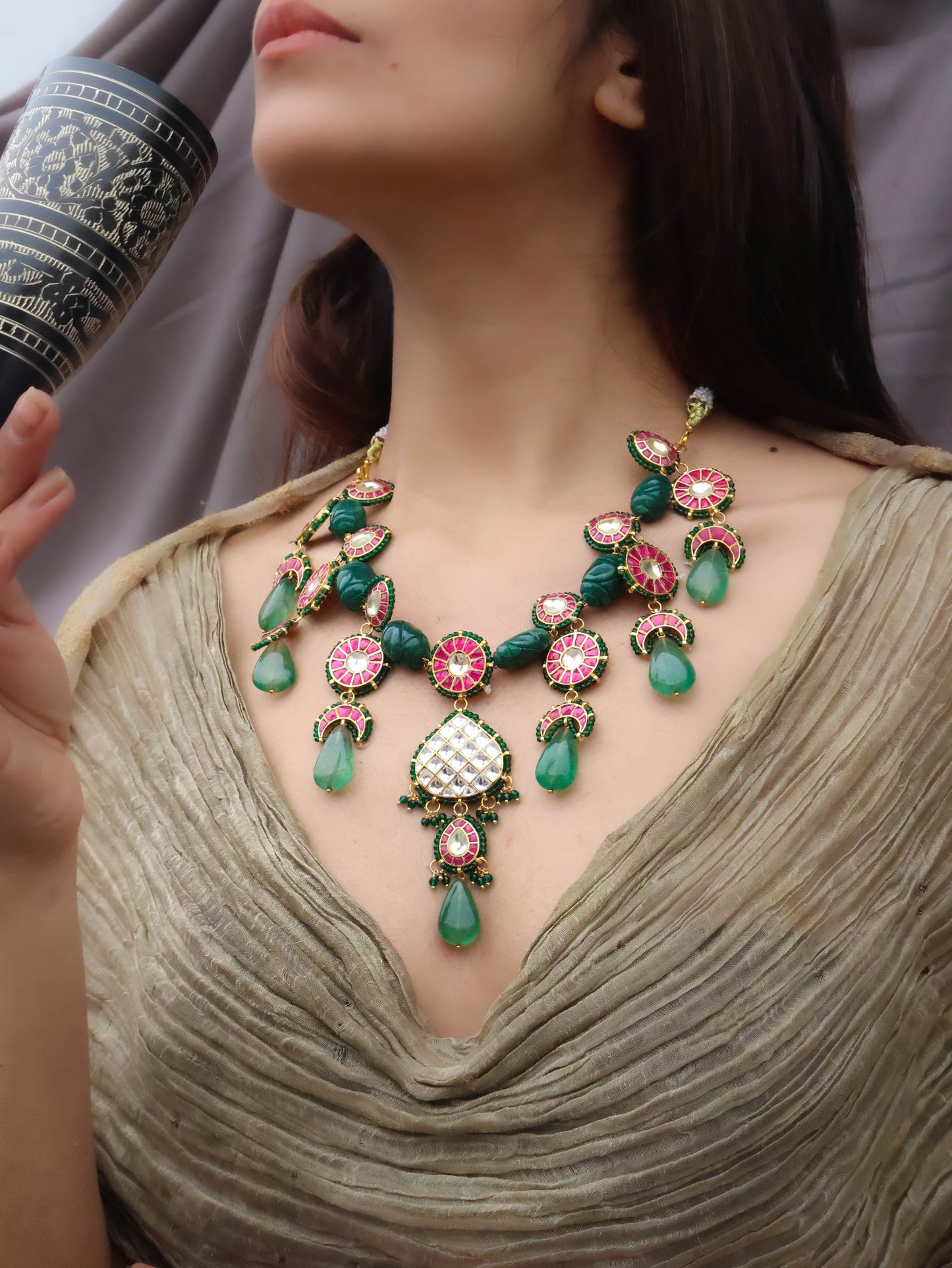 Rivah Red-Green Kundan Necklace