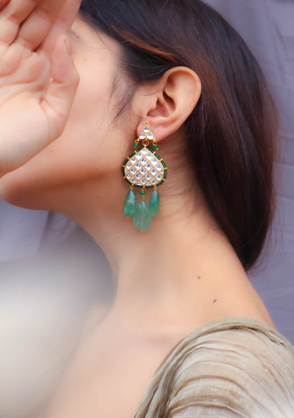 Ashvika Kundan Green Drop Earrings