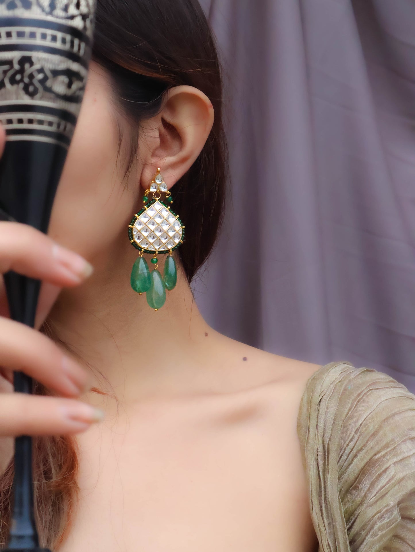 Ashvika Kundan Green Drop Earrings