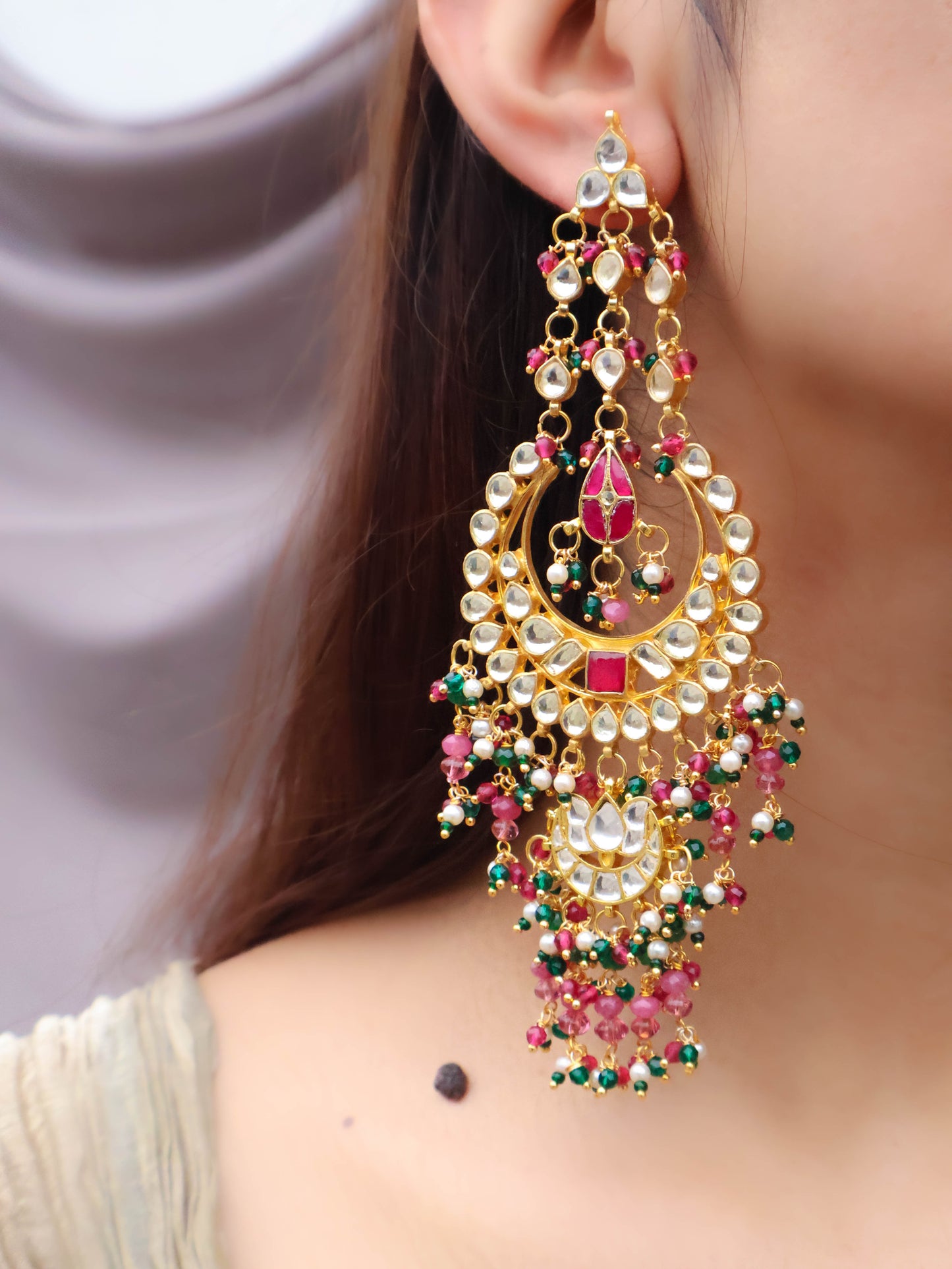 Yuvika Pink-Green Kundan Chandbali Earrings