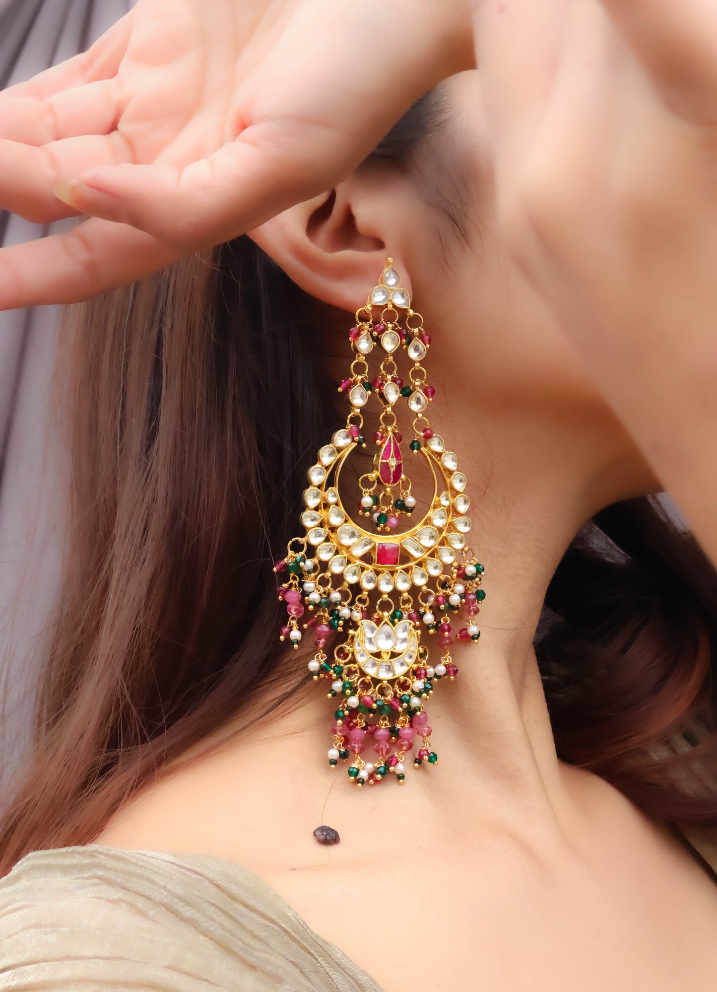 Yuvika Pink-Green Kundan Chandbali Earrings