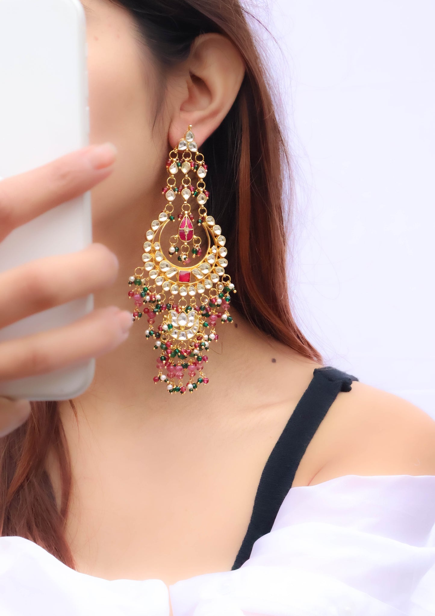 Yuvika Pink-Green Kundan Chandbali Earrings