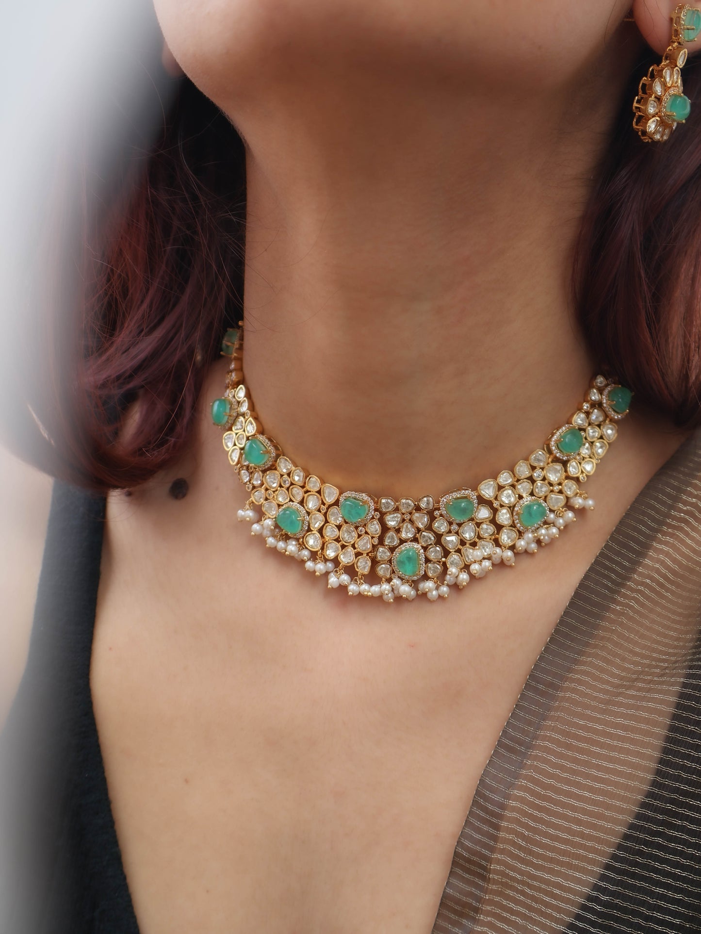 Rajsi Mint Green Polki Necklace Set