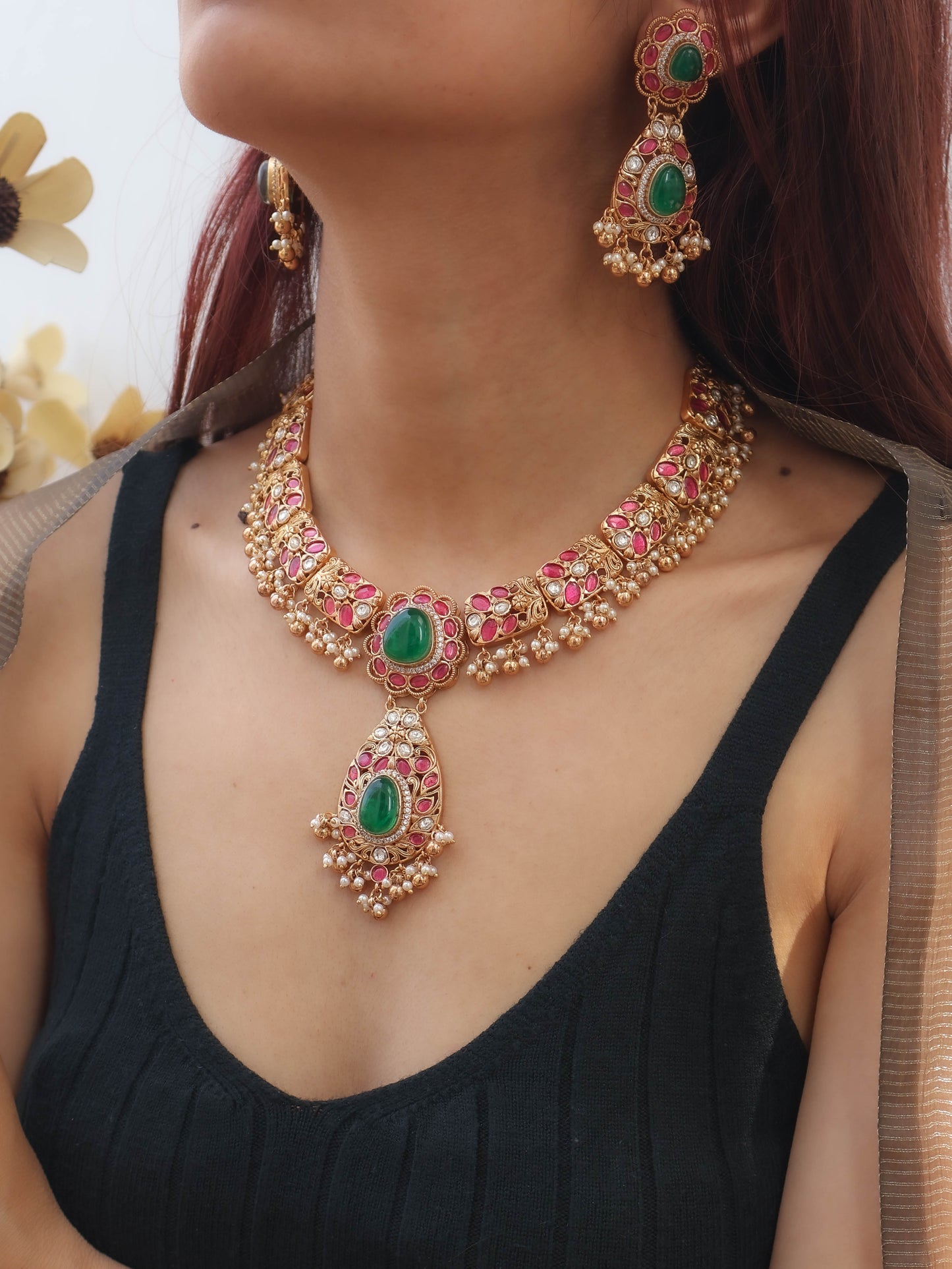 Emira Red & Green Kundan Necklace Set