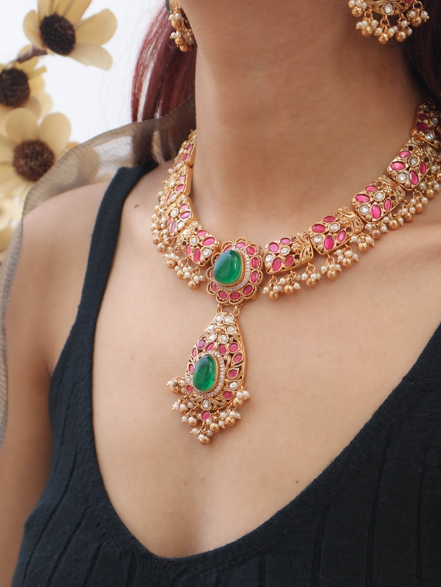 Emira Red & Green Kundan Necklace Set