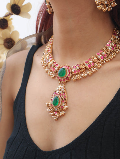 Emira Red & Green Kundan Necklace Set