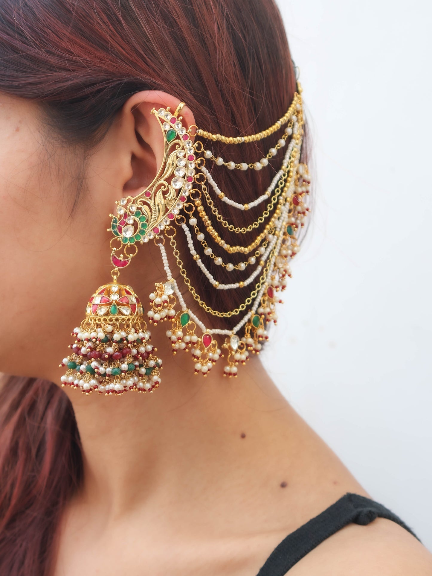 Niharika Kundan Red-Green Earchain Earrings