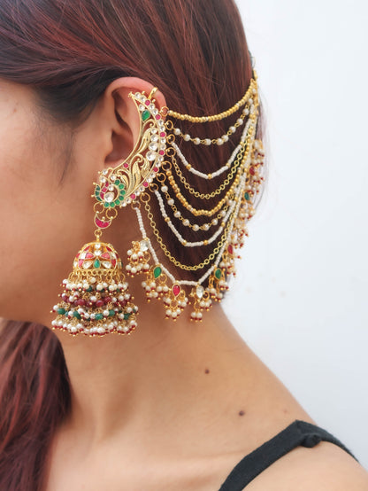 Niharika Kundan Red-Green Earchain Earrings