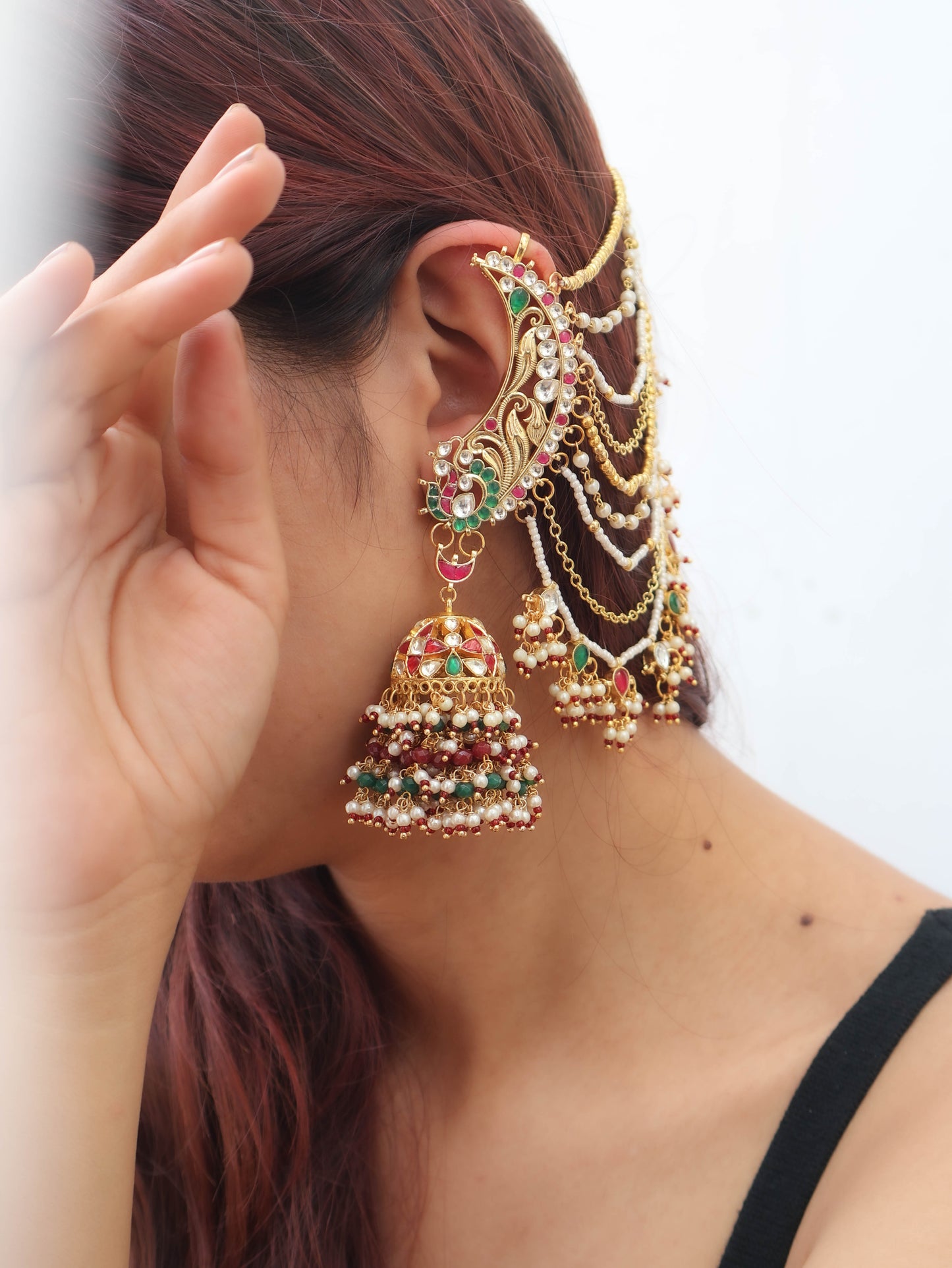 Niharika Kundan Red-Green Earchain Earrings