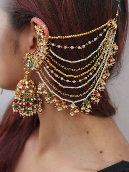 Niharika Kundan Red-Green Earchain Earrings