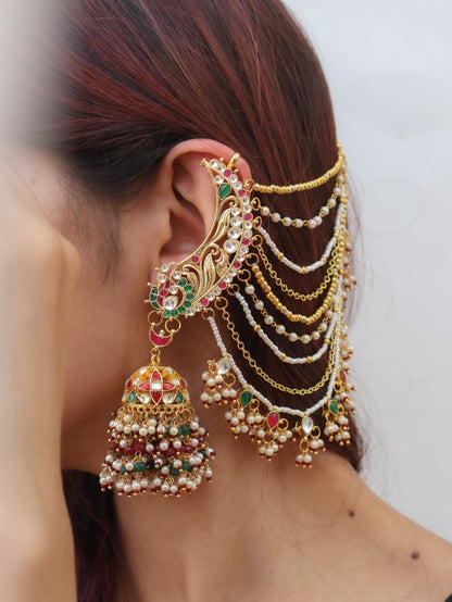 Niharika Kundan Red-Green Earchain Earrings