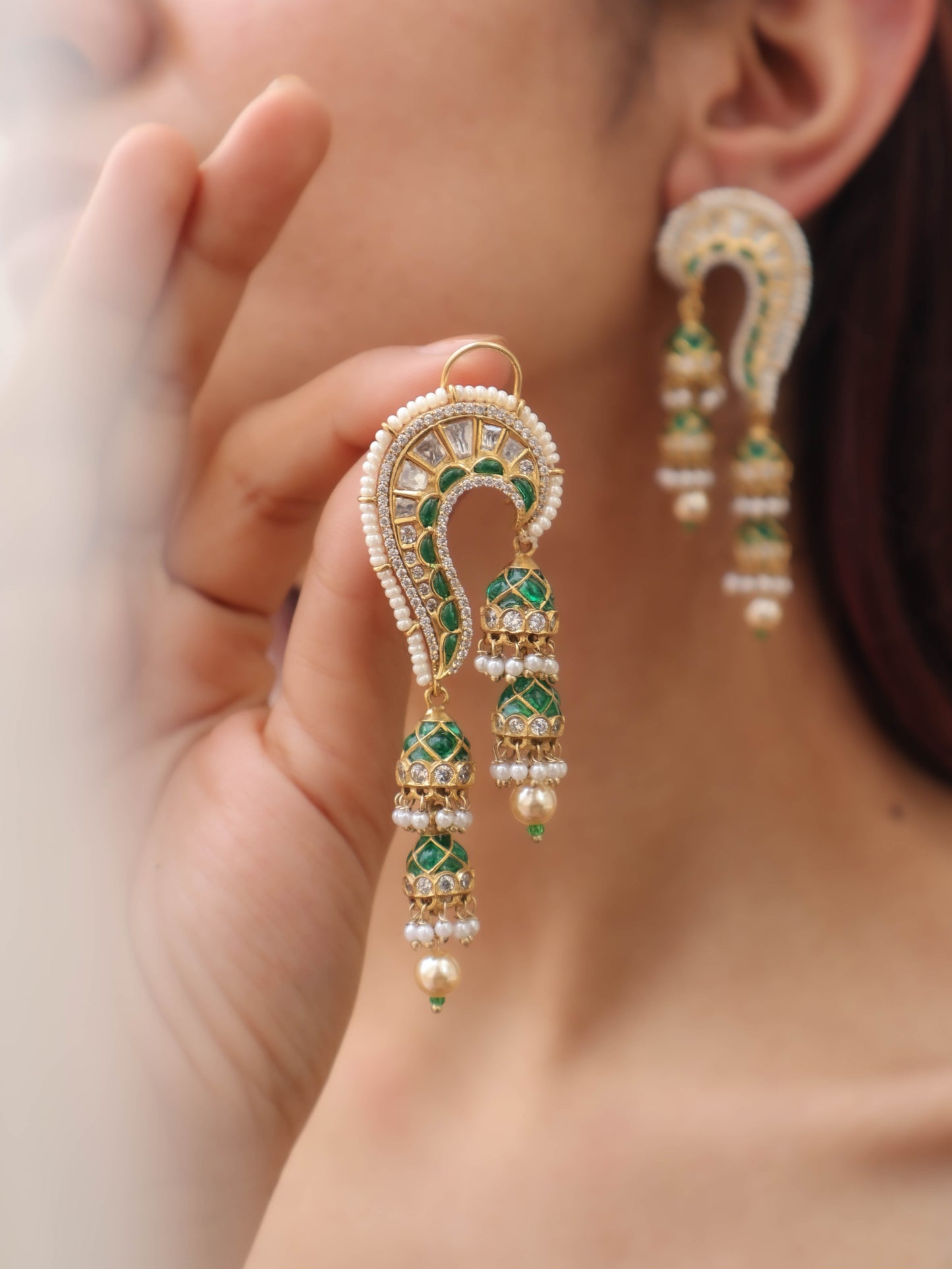 Ilham Green Kundan Earrings with Jhumkis