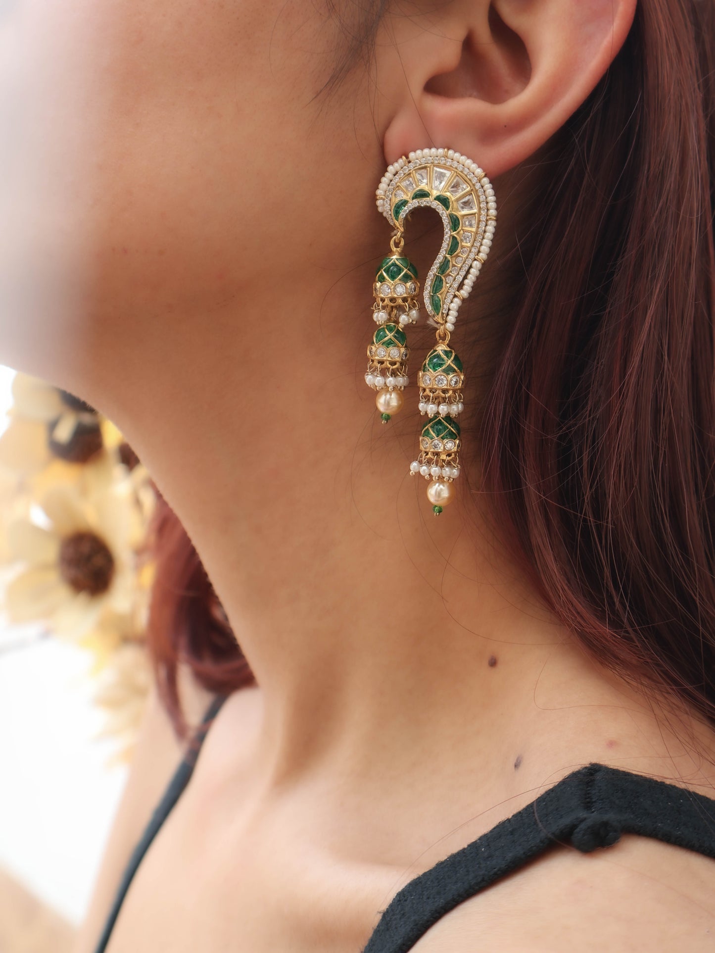 Ilham Green Kundan Earrings with Jhumkis