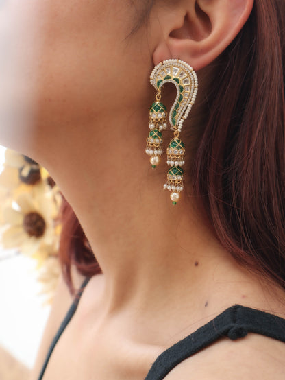 Ilham Green Kundan Earrings with Jhumkis