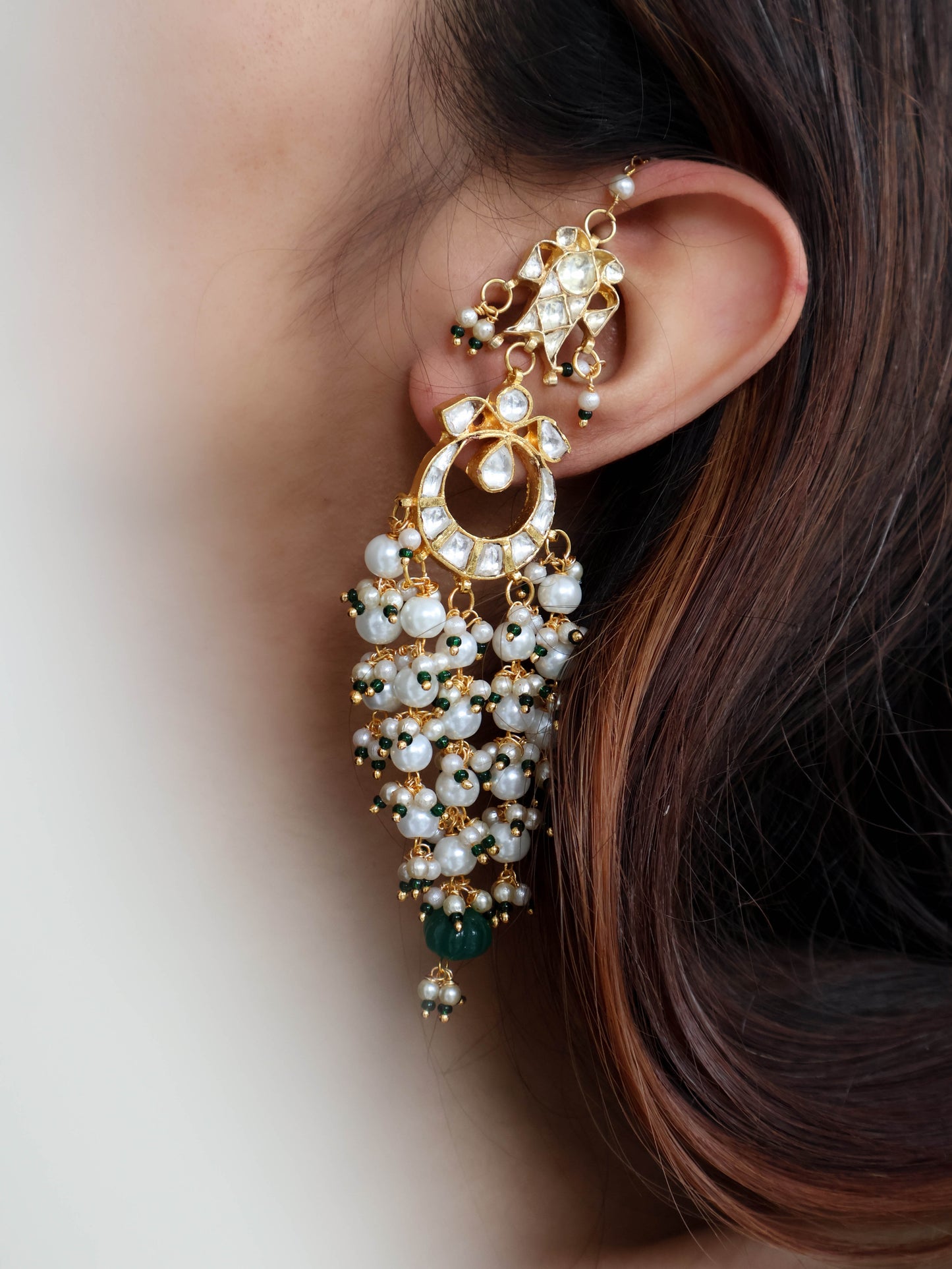 Gulmohar Green Kundan Earrings With Ear Chain