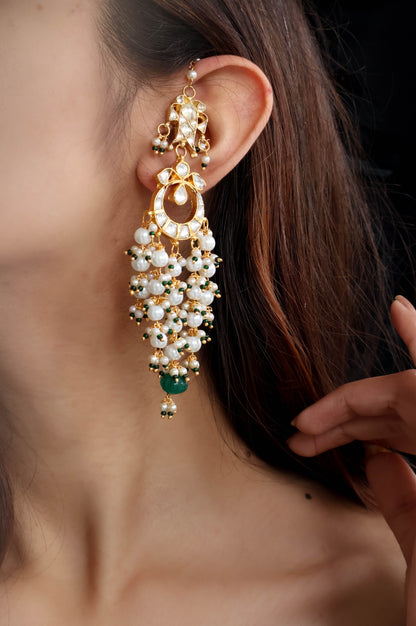 Gulmohar Green Kundan Earrings With Ear Chain