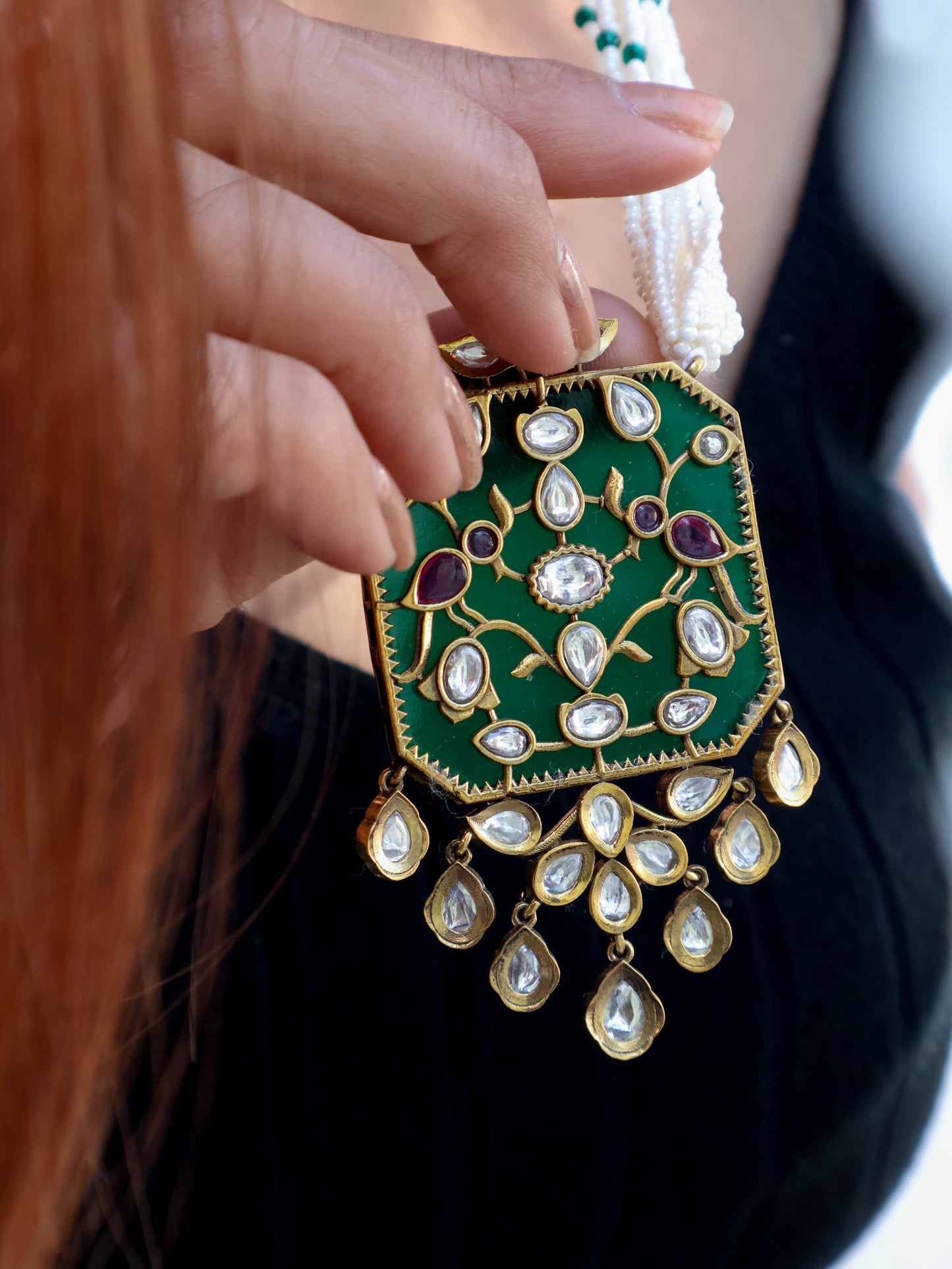 Saathwi Green Meenakari Pendant Necklace