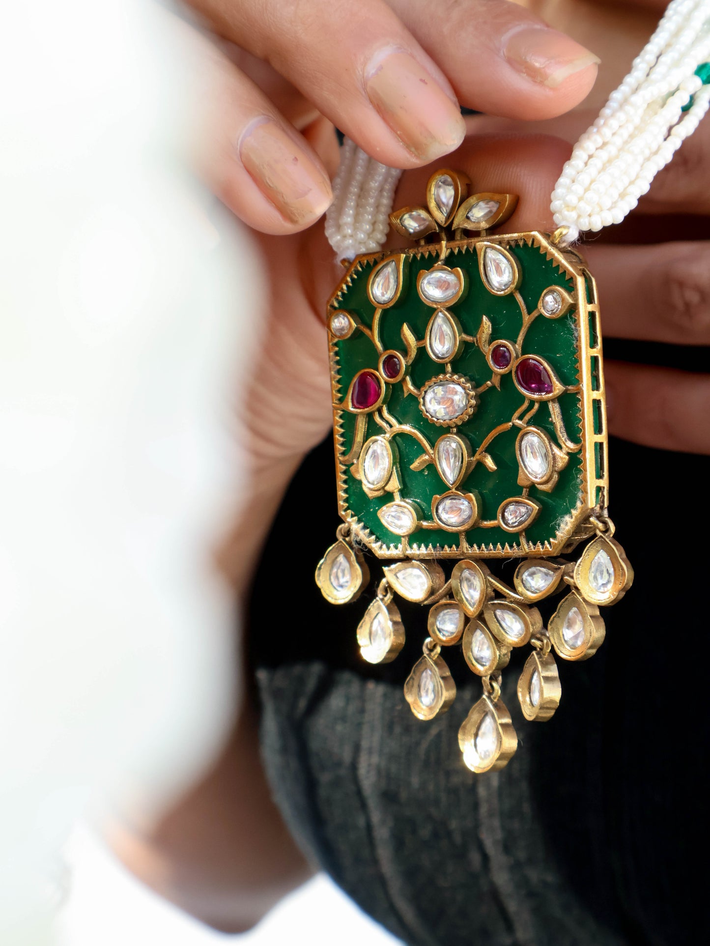 Saathwi Green Meenakari Pendant Necklace