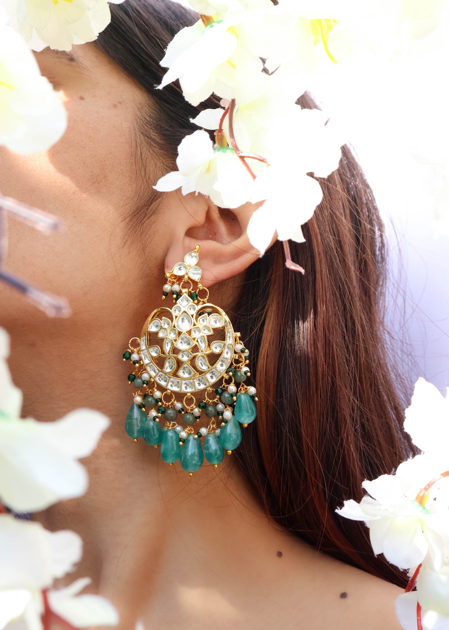 Shahd Kundan Green Chandbali Earrings