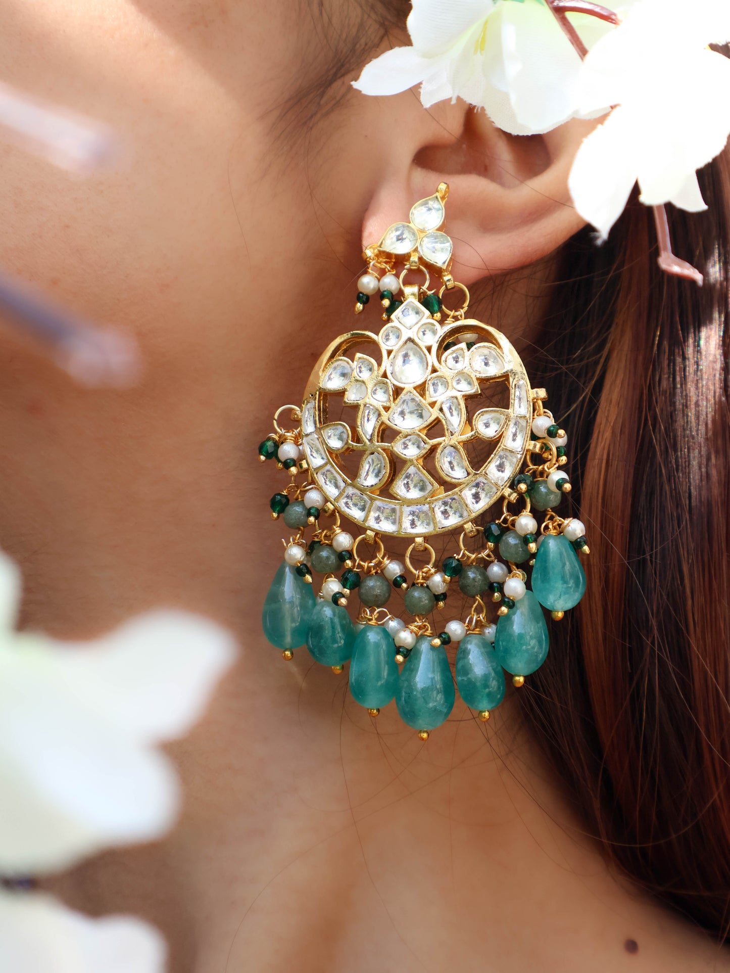 Shahd Kundan Green Chandbali Earrings