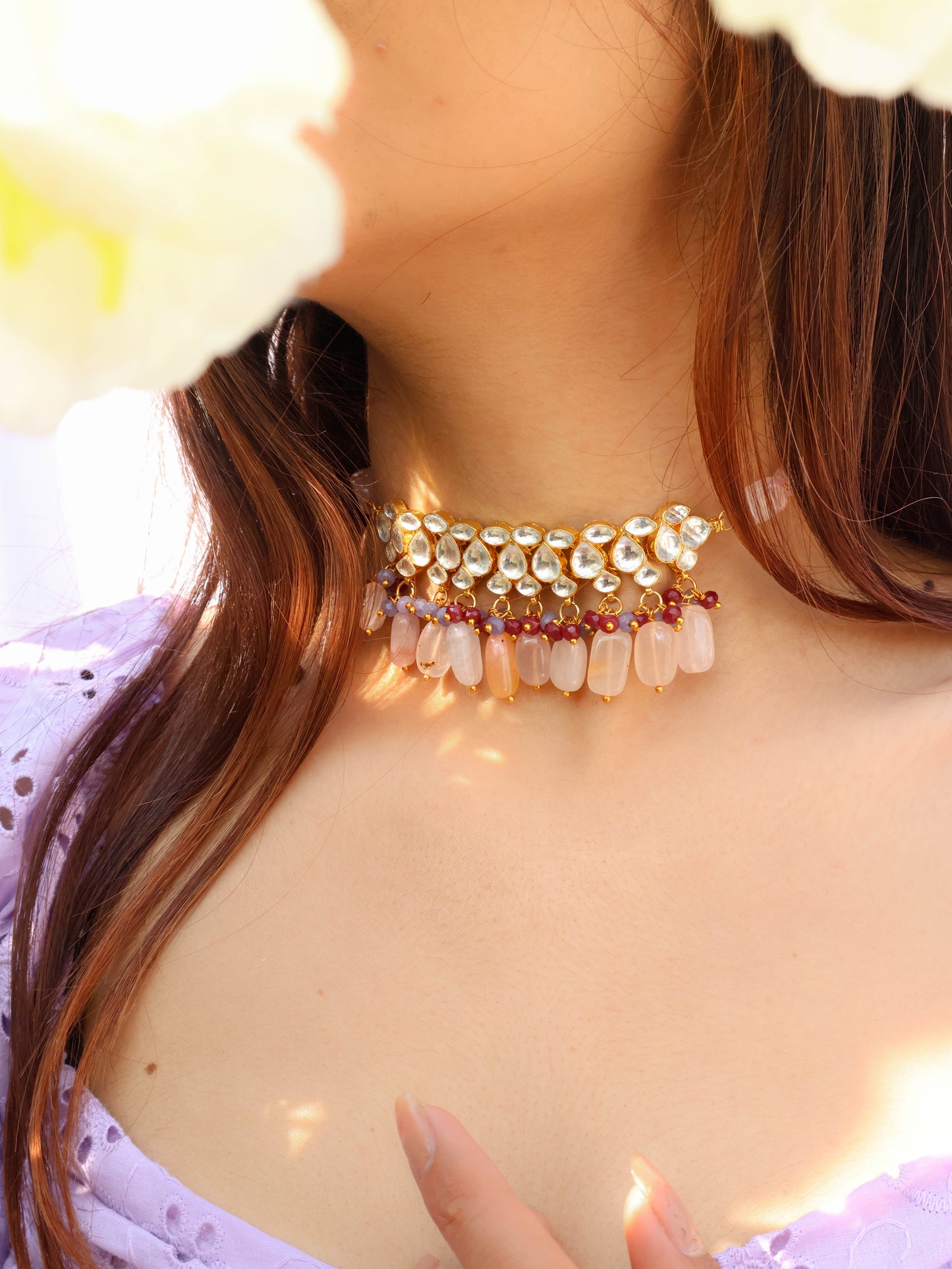 Shivi Pink-Purple Kundan Choker Necklace