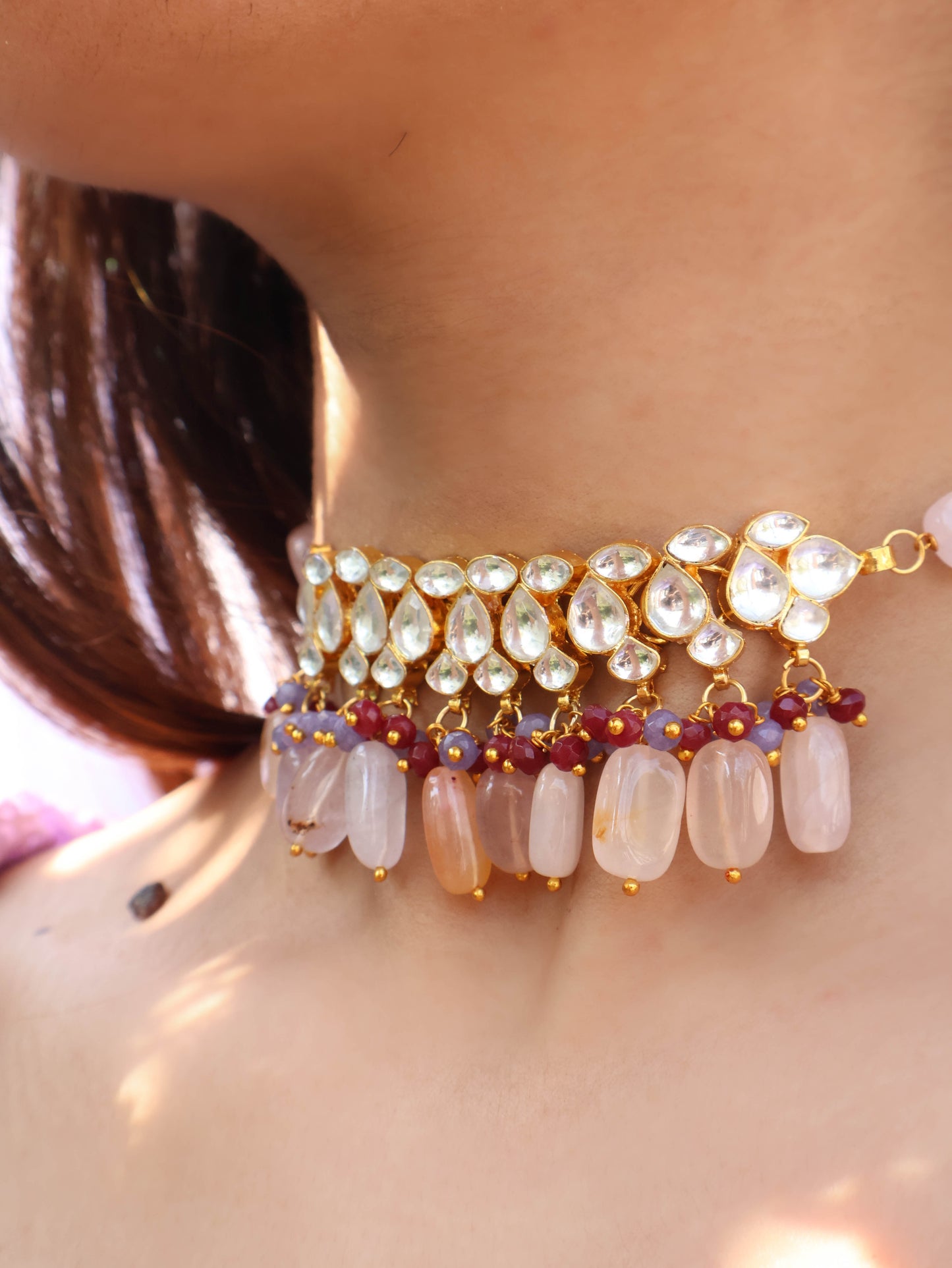 Shivi Pink-Purple Kundan Choker Necklace