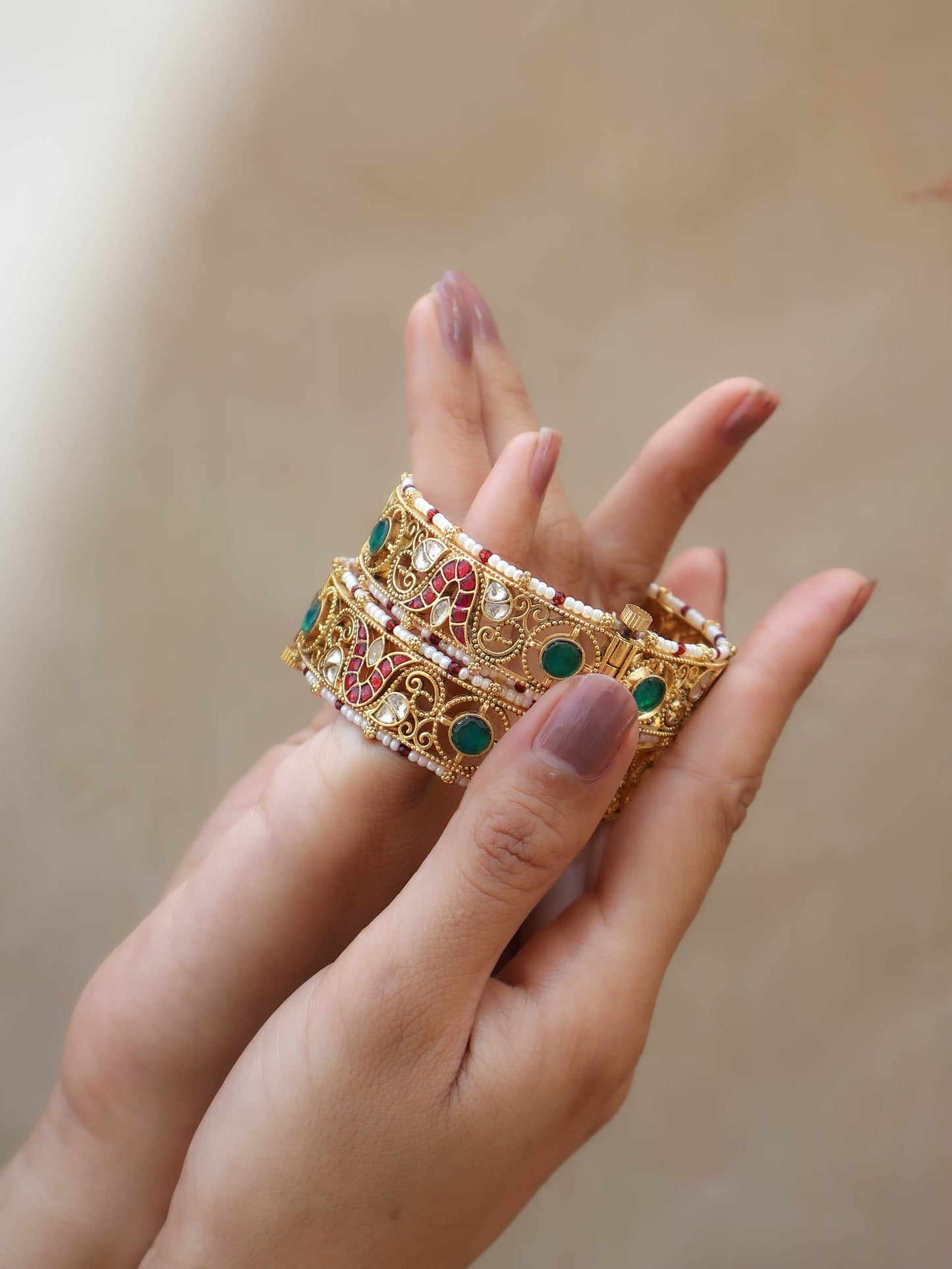 Ash Red-Green Kundan Bangles - Pair of 2