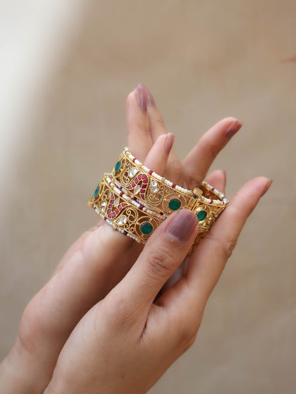 Ash Red-Green Kundan Bangles - Pair of 2